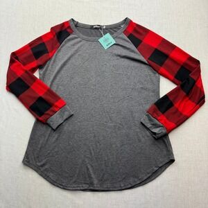 Aifer Raglan Tee Women Medium Grey Red Buffalo Plaid Long Sleeve Casual Top Cozy